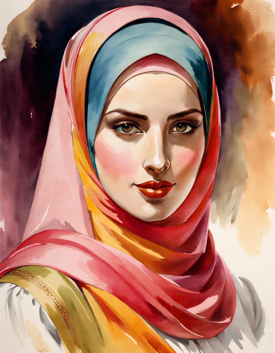 Vibrant Hijabi Woman in Watercolor