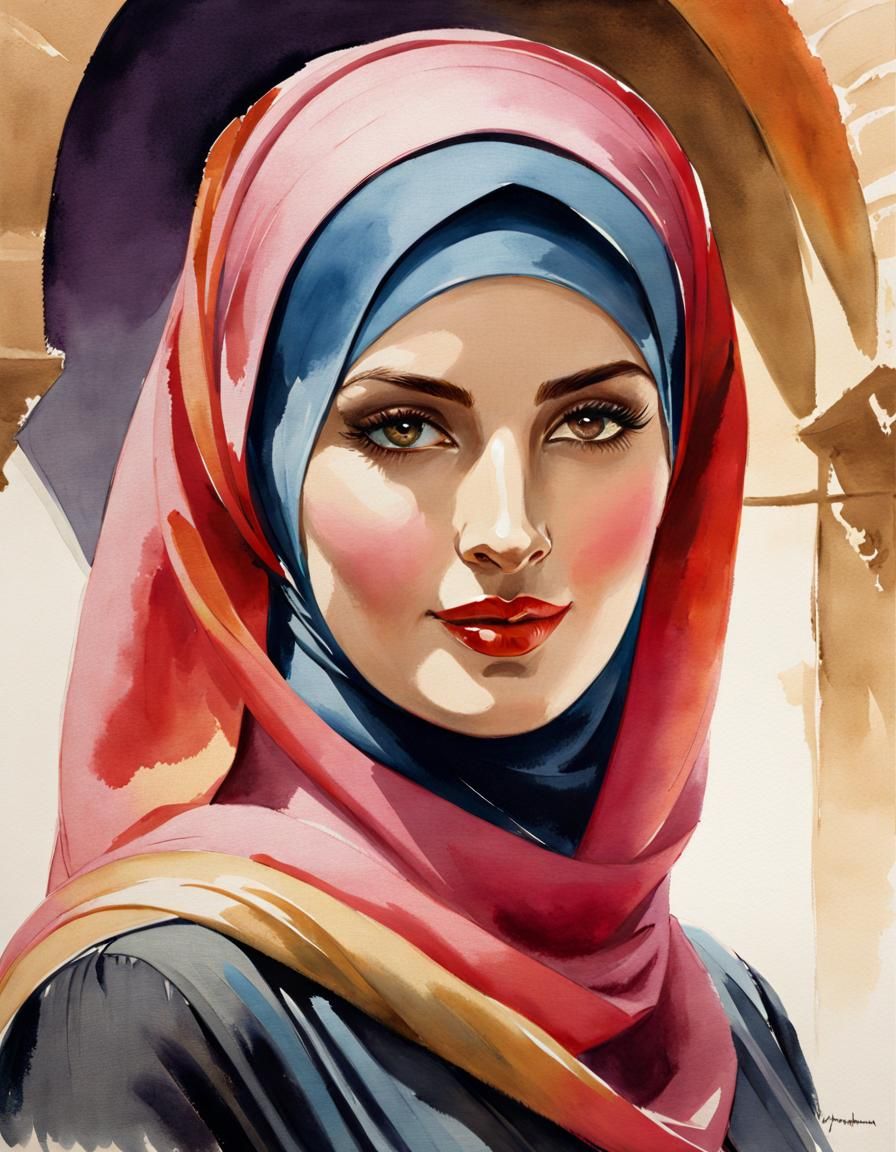 Vibrant Watercolor Portrait of a Modest German Woman