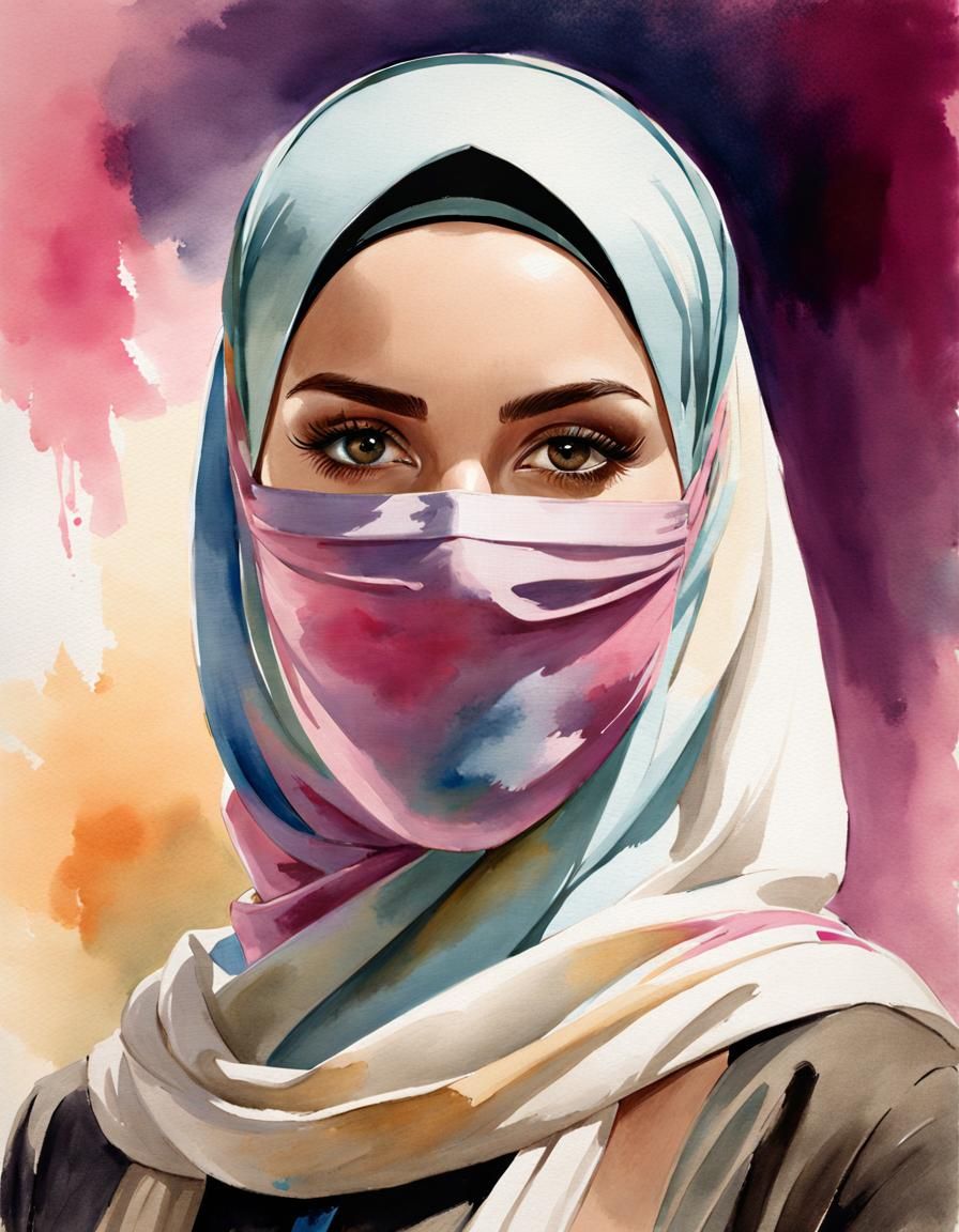 Watercolor Portrait of Woman in Hijab and Facemask