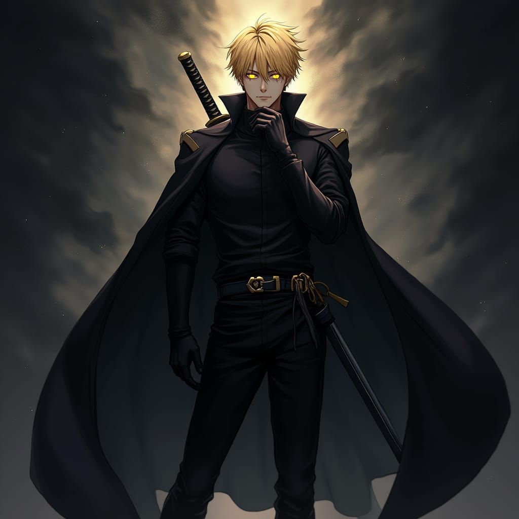 Anime Emperor in Dark Regalia, Golden Eyes, and Billowing Ca...