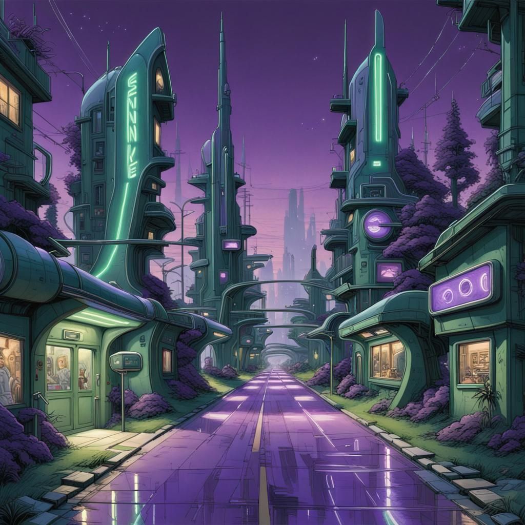Futuristic Suburb with Neon Road in 3D