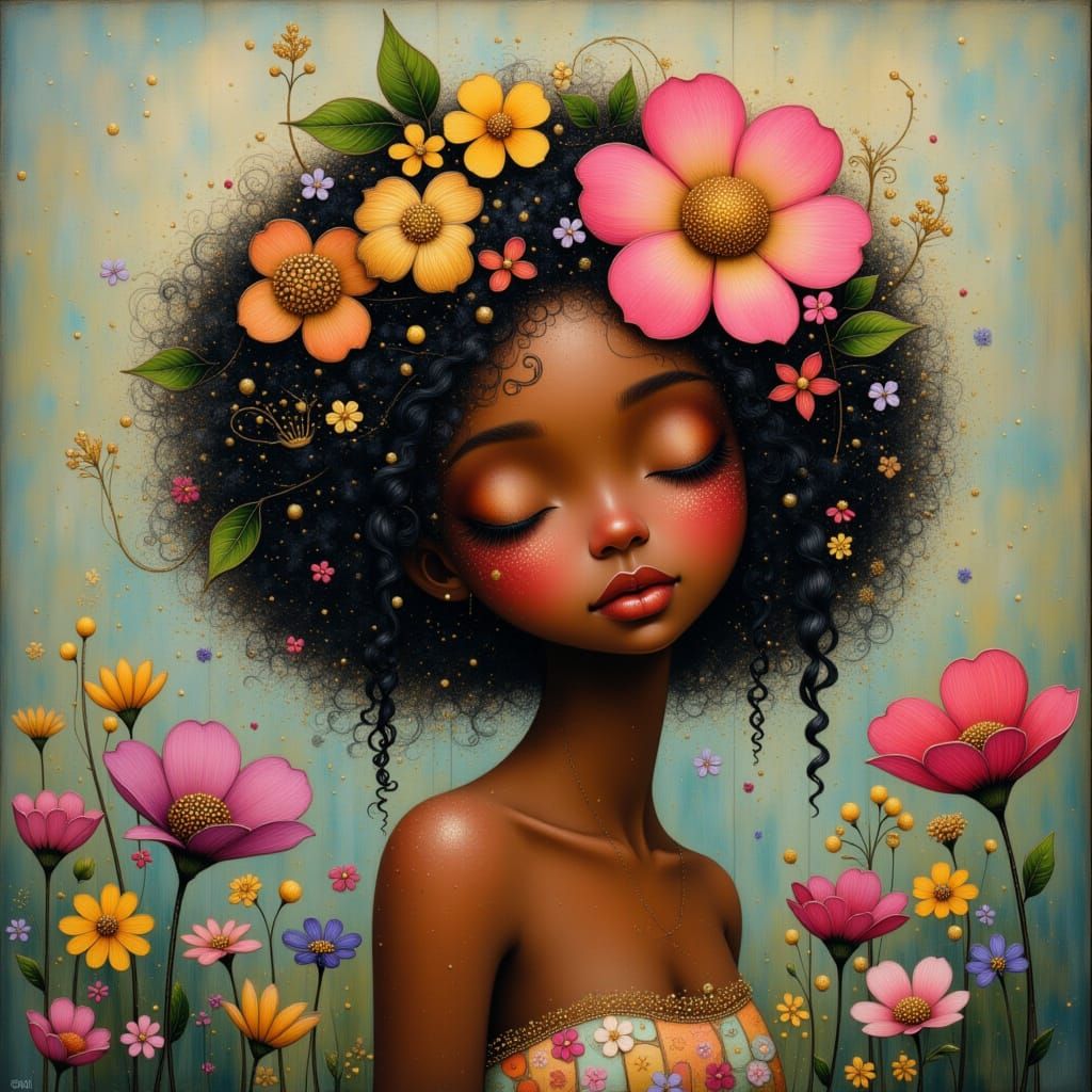 <lora:Shadow whimsy:1.0>  A young Black woman with curly hair adorned with large, colorful flowers. Surrounded by a drea...