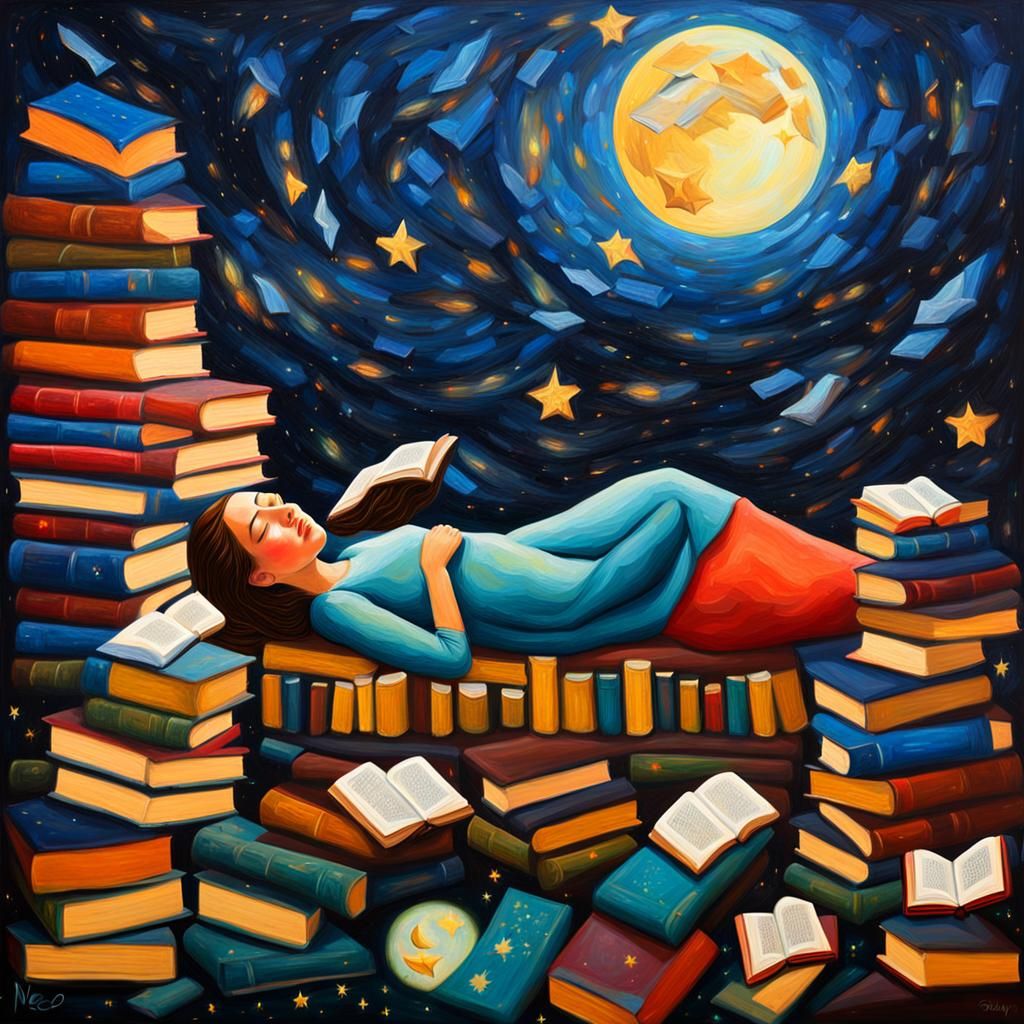 Woman Sleeping in Field of Books, Expressionist Impasto