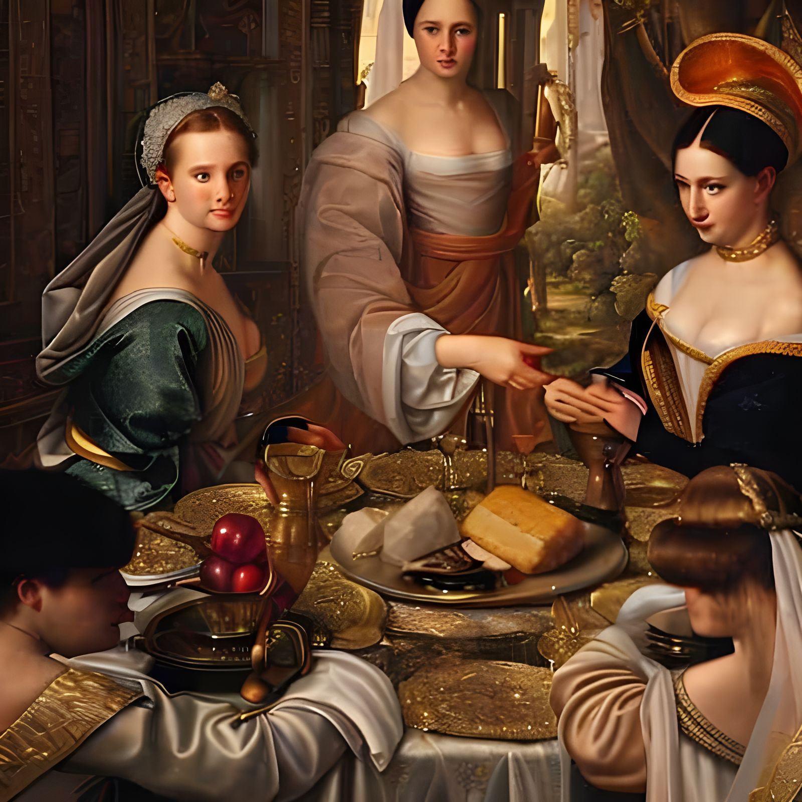 Renaissance Women Chatting Over Coffee, Detailed Painting