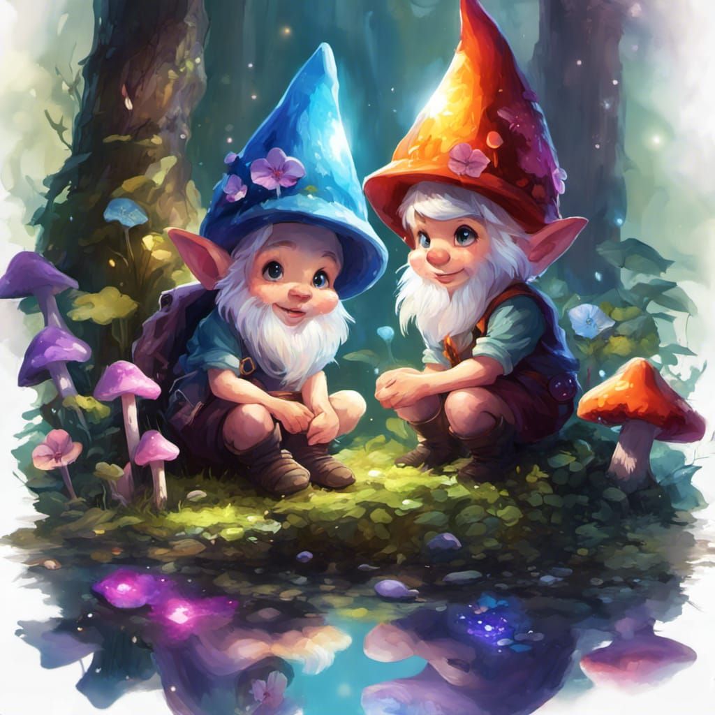 Two little gnomes sitting in a little sunlit spot with toads...