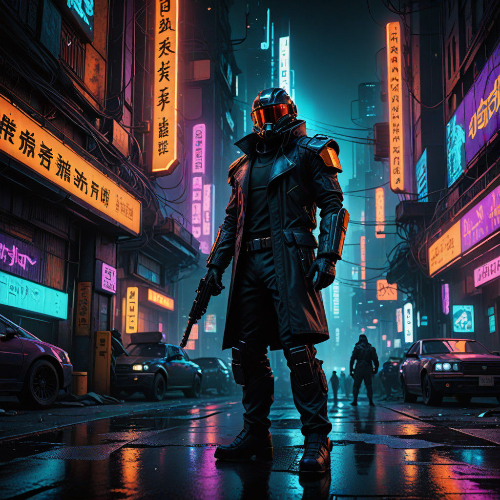 Cyberpunk Gangster in Neon-Lit Dystopia