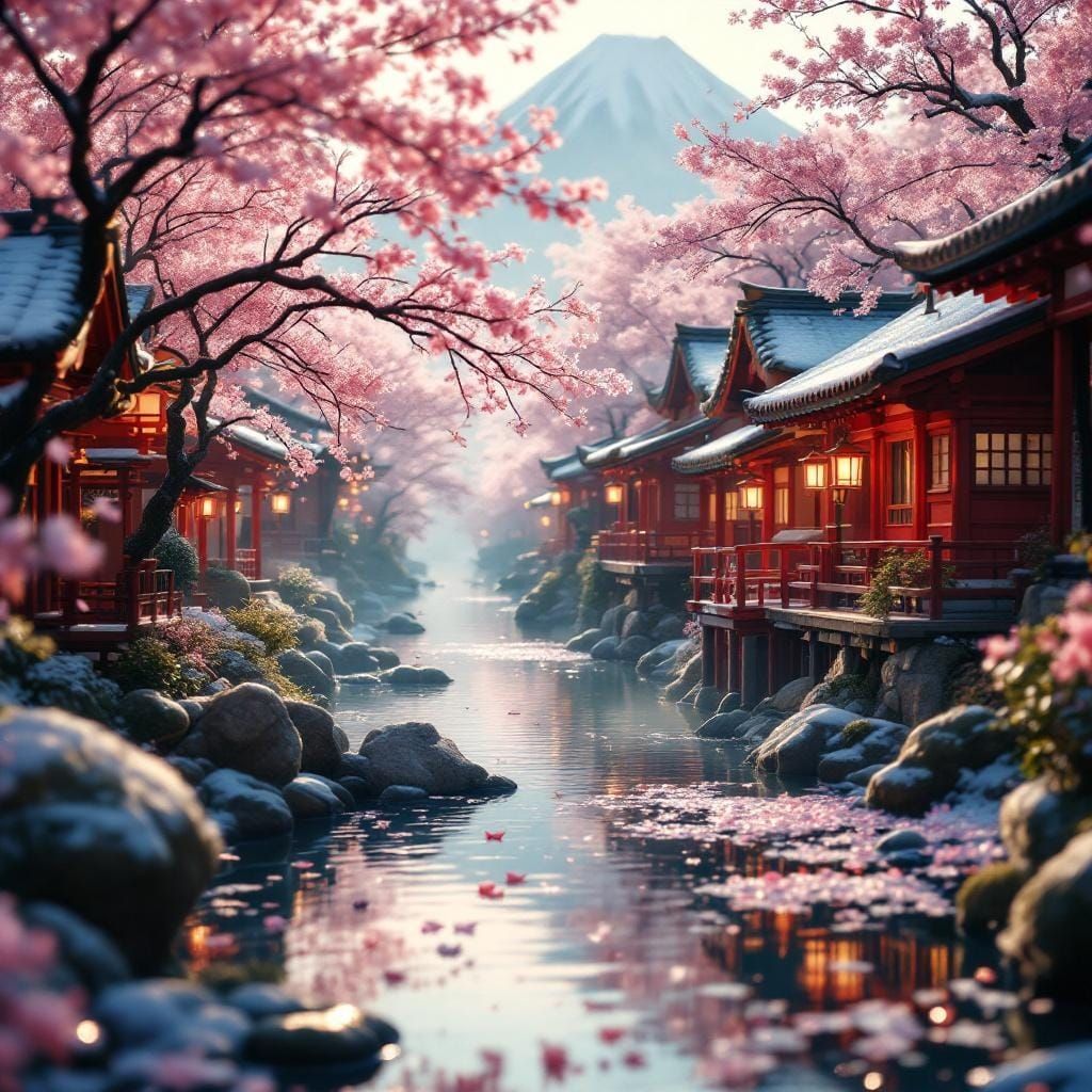 Miniature Japanese Village with Sakura and Snow