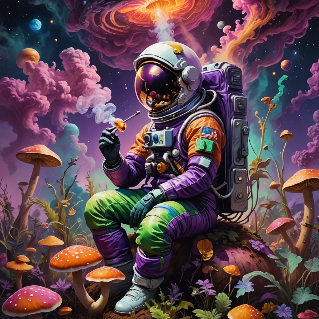 Astronaut Smoking Joint in Psychedelic Surrealism