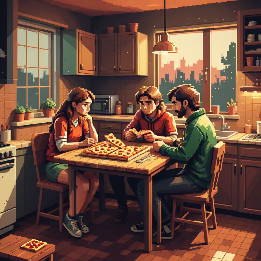 8-Bit Pixel Art of a Heartbroken Couple in Cozy Retro Kitche...