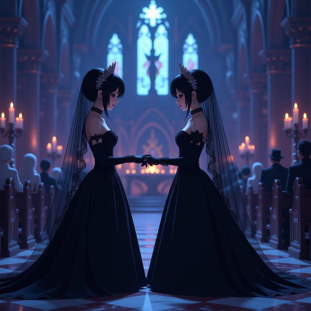 Gothic Anime Bride Exchanging Vows in Mystic Cathedral