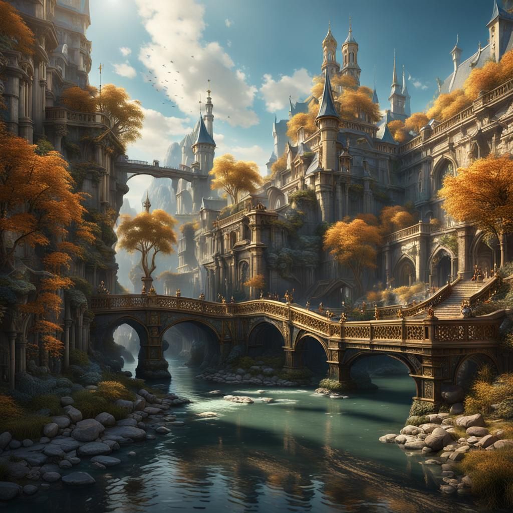 Golden Celestial City with Crystal River, Fantasy Art