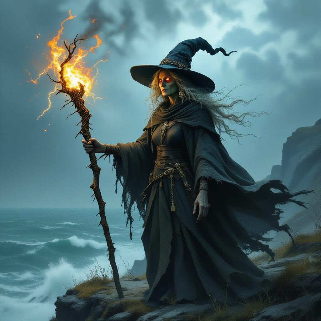 Ancient Witch on Windswept Cliff Overlooking Stormy Sea