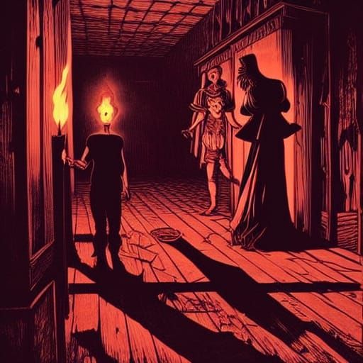 Creepy Haunted House Scene in Woodcut Style