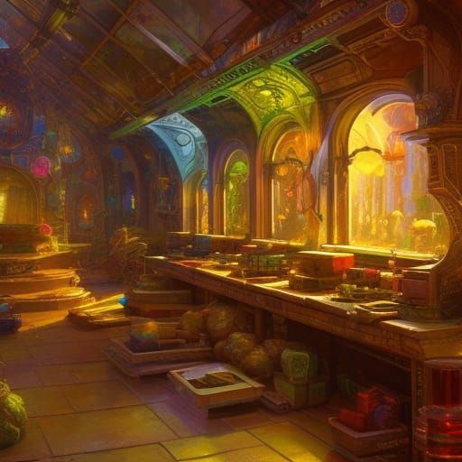 Hyperdetailed Crystal Shop Concept Art in Comic Book Style