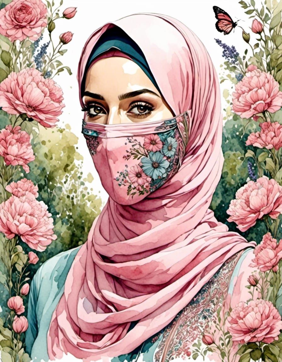 Beautiful Hijabi Woman with Mask in Floral Garden