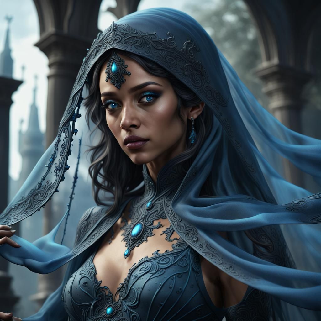 Black and Blue Veiled Woman: Detailed Matte Painting