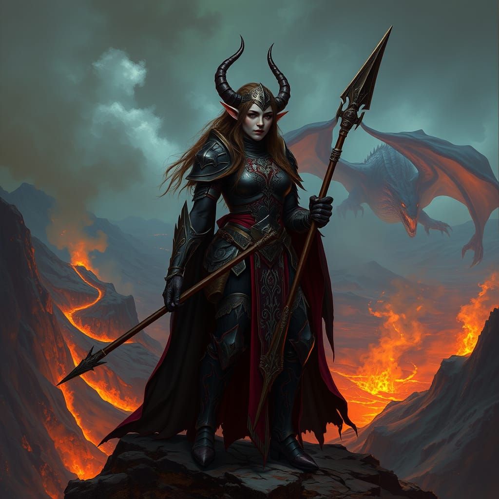 Drow Lady Overlooking Volcano with Dragon
