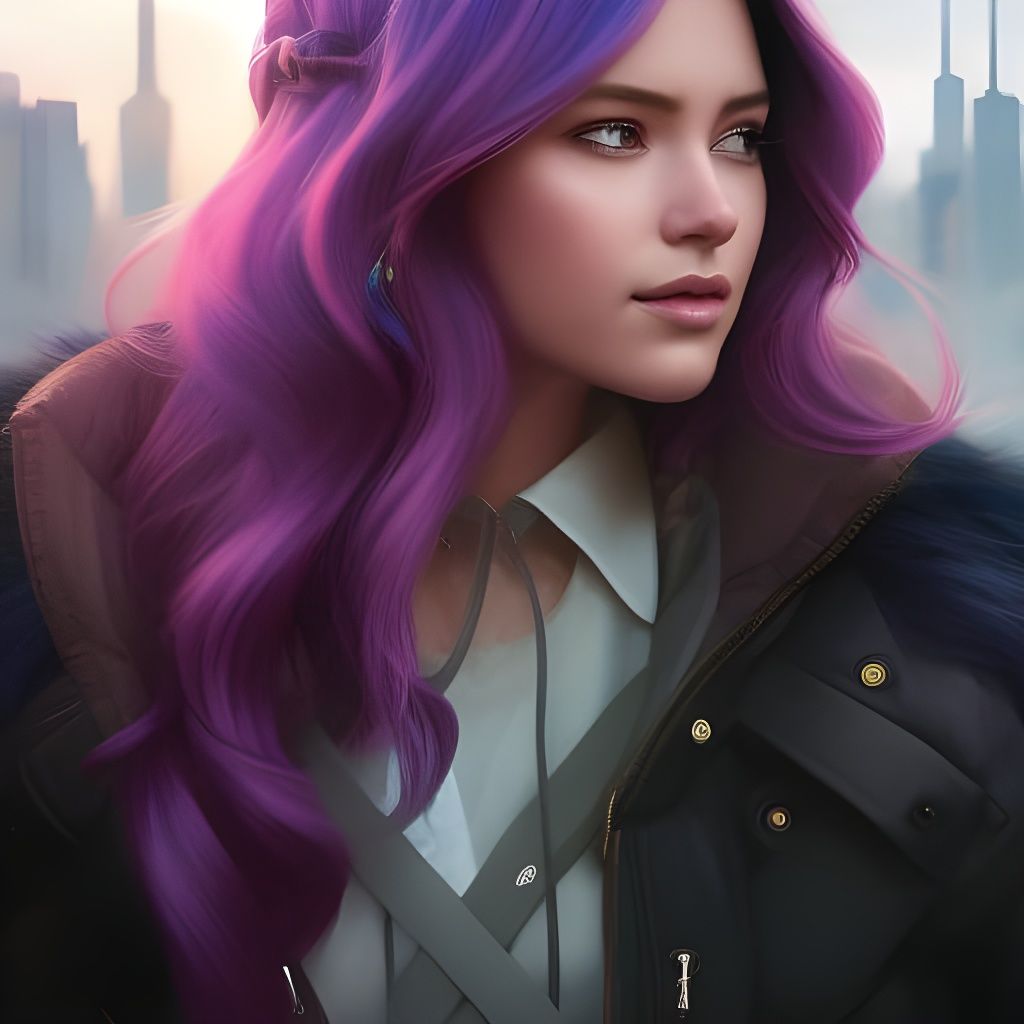 Purple-Haired Girl in Cityscape: Detailed Digital Portrait
