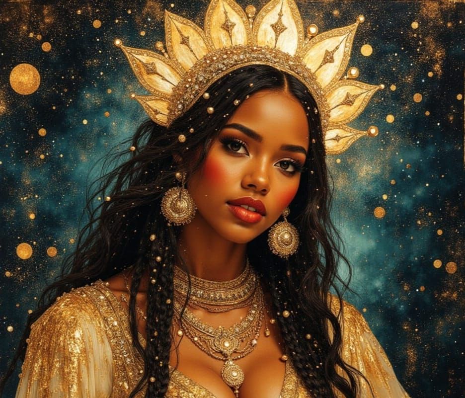 African Goddess Queen in Golden Armor, Vogue Style