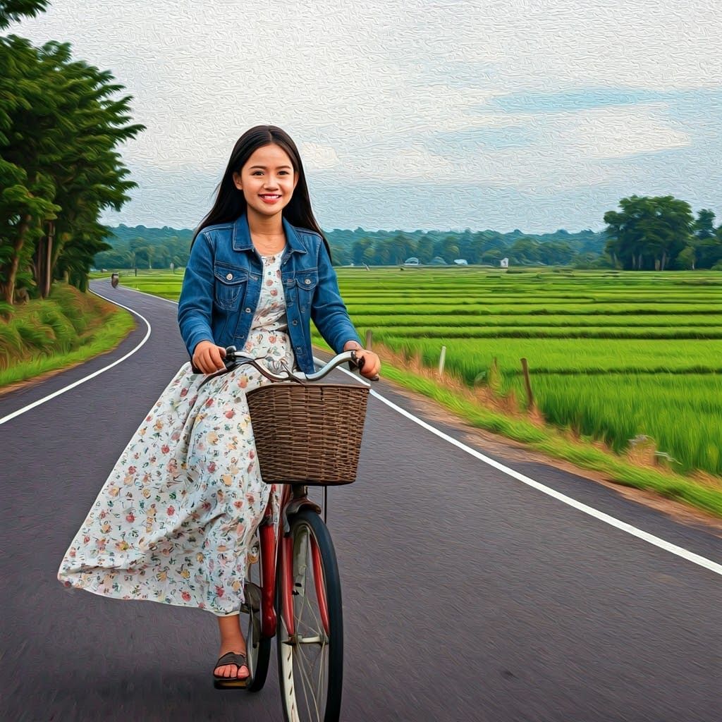 Myanmar Girl Cycling in Digital Acrylic Art Style