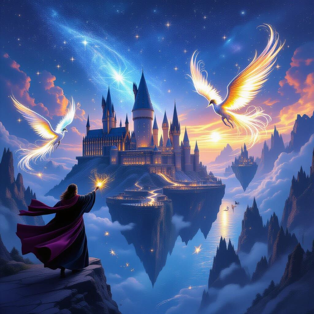 Magical Floating Islands Under Starlit Sky