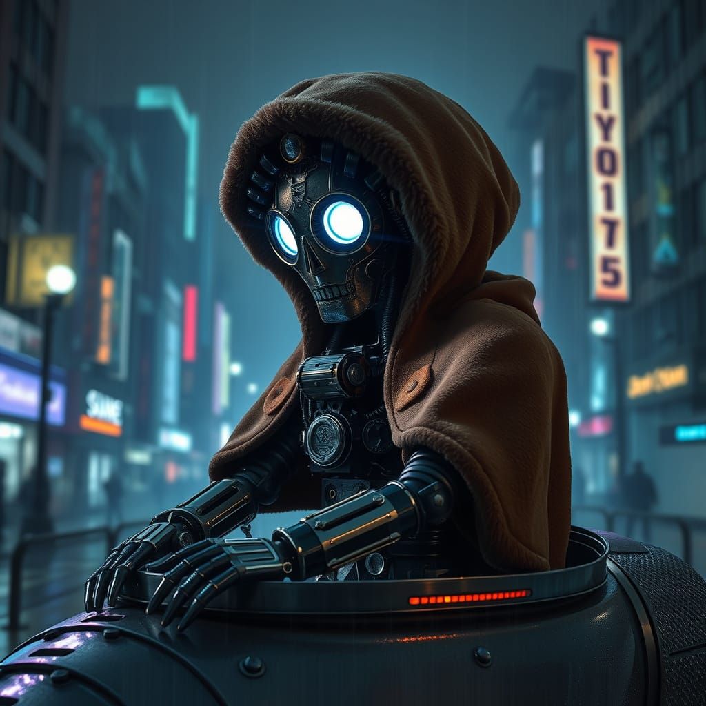 Steampunk Robot Sits on Rusty Bench Under Rainy City Night