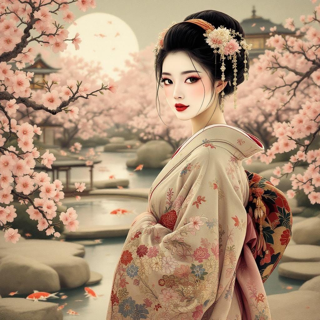 Geisha in Japanese Garden: Ukiyo-e Style