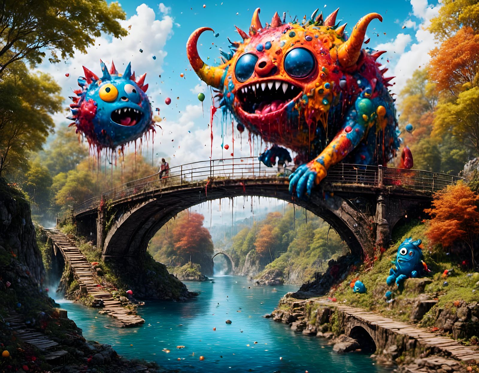 Colorful Monsters by an Old Bridge in Graffiti Style