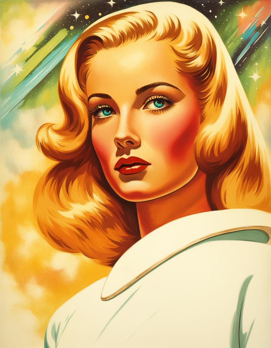 1950s Space Age Girl with Aurora Background