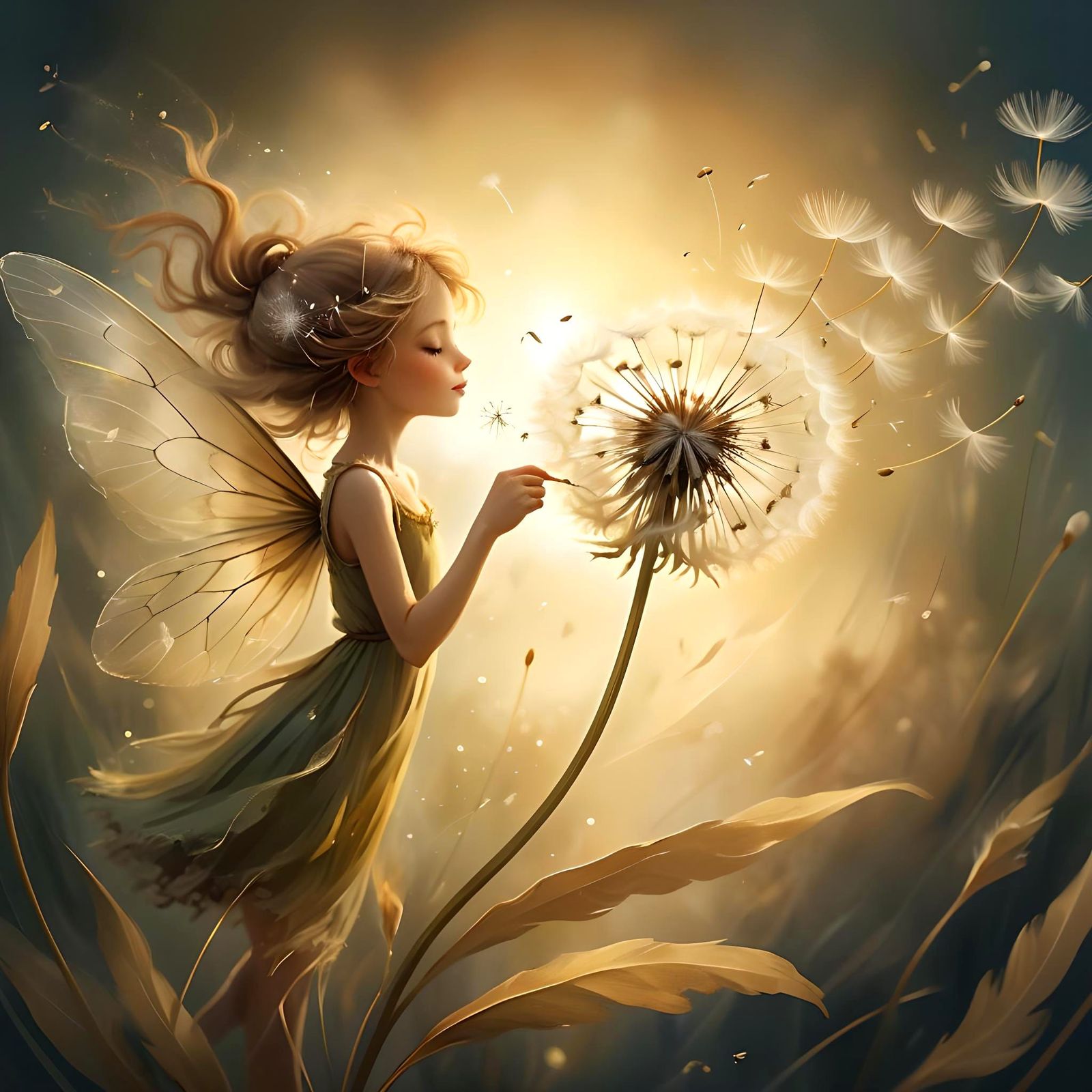 Fairy and Dandelion Seeds in the Wind