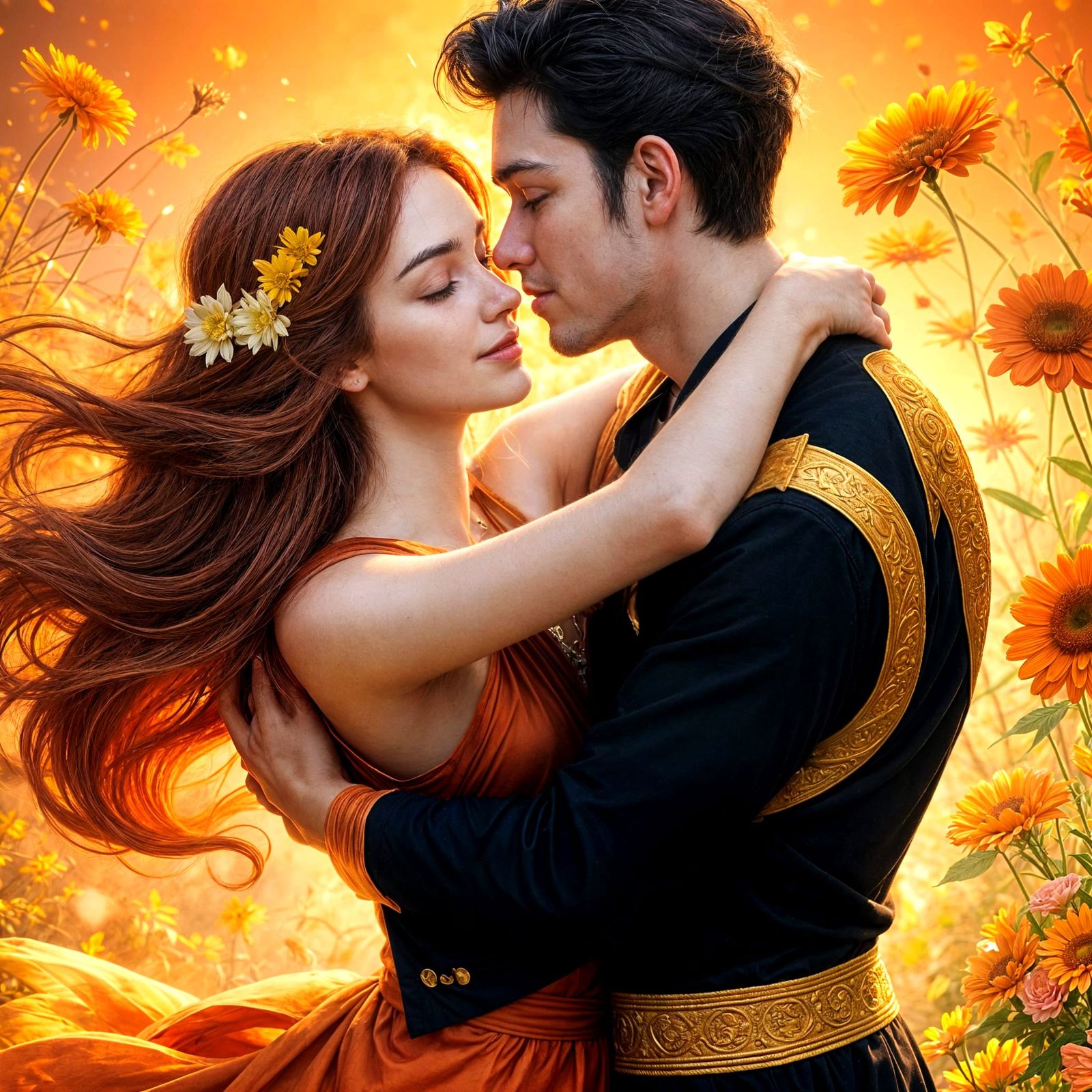 Passionate Reunion Among Fiery Flowers: A Surreal Image