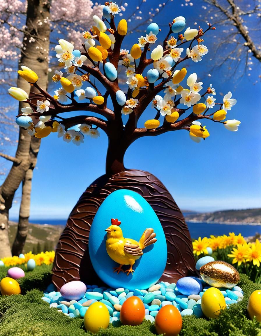 Vibrant Easter Wonderland with Chocolate Sculpture and Sprin...