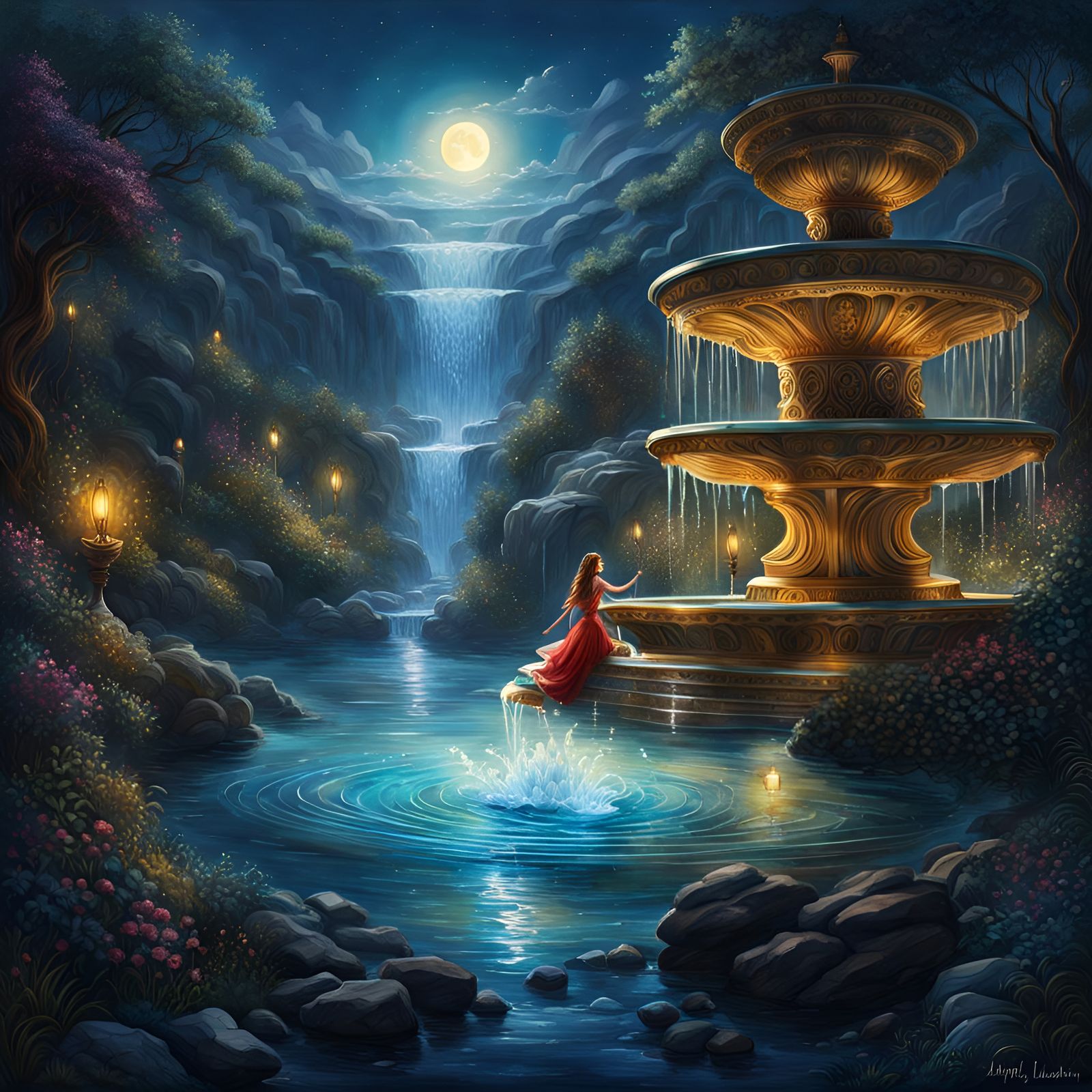 Magic Water Fountain in Hand, Watercolor Art