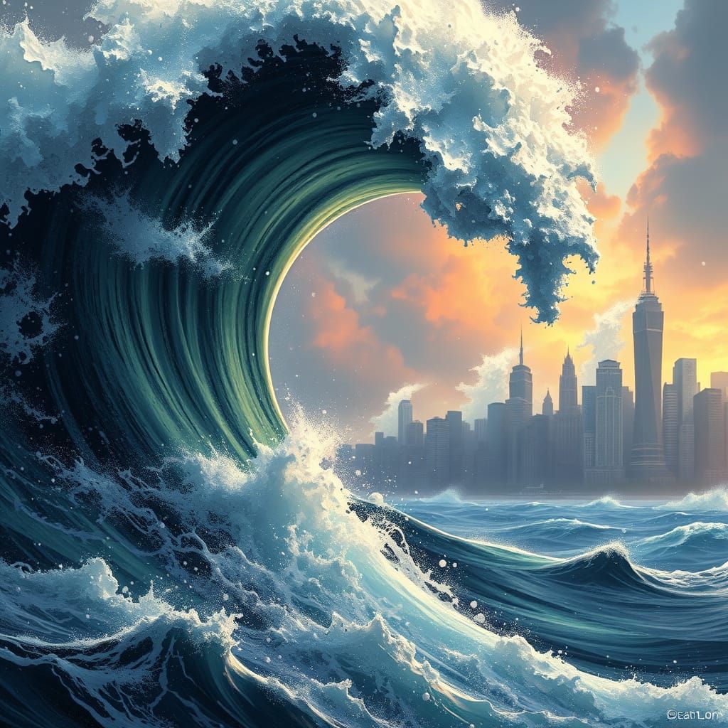 Hyperrealistic Rogue Wave Crashing Near City Coast