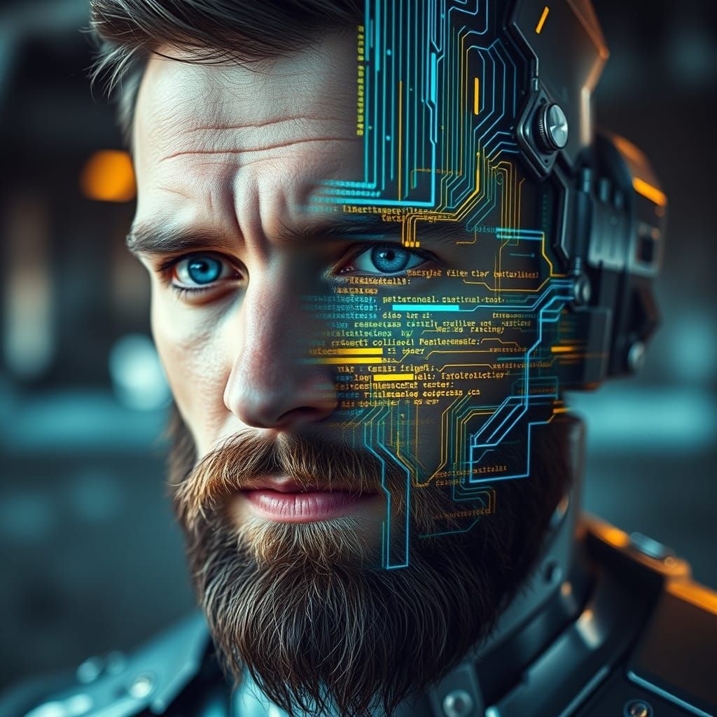 Futuristic Bearded Man with Cybernetic Glitch Effects