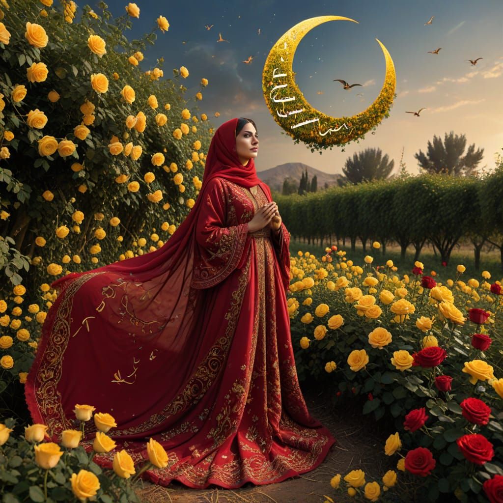 Iranian Woman in Red Abaya with Roses