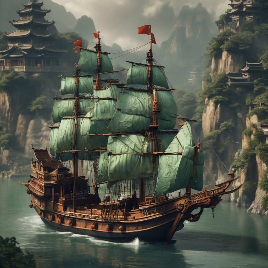 Fantasy Chinese Ship in Majolica Style