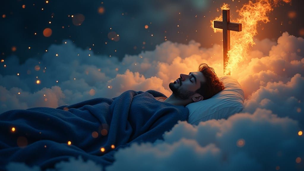 Man Sleeping on Clouds with Fiery Cross and Dove