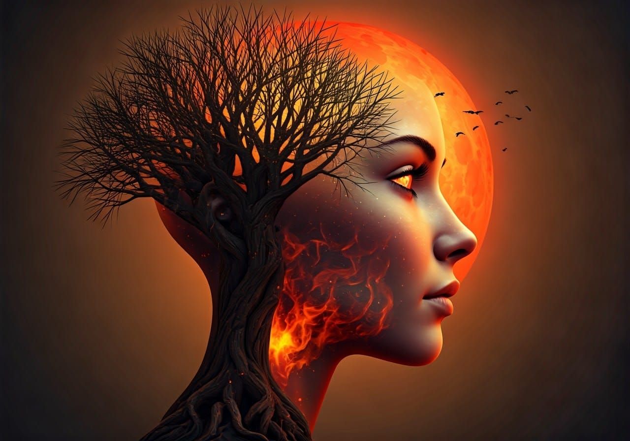 Fiery Goddess in Cyberpunk Landscape