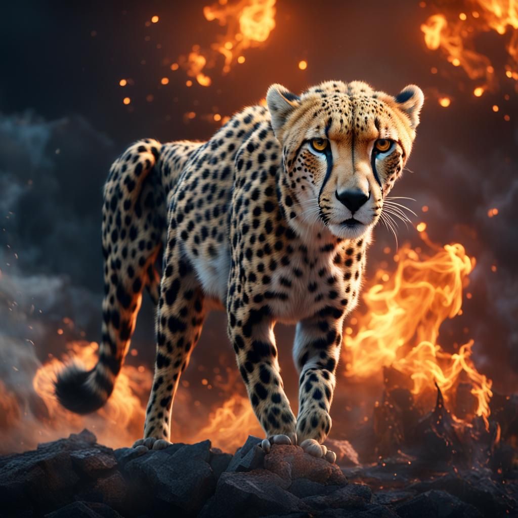 Cheetah in Fire and Smoke: Detailed Fantasy Art