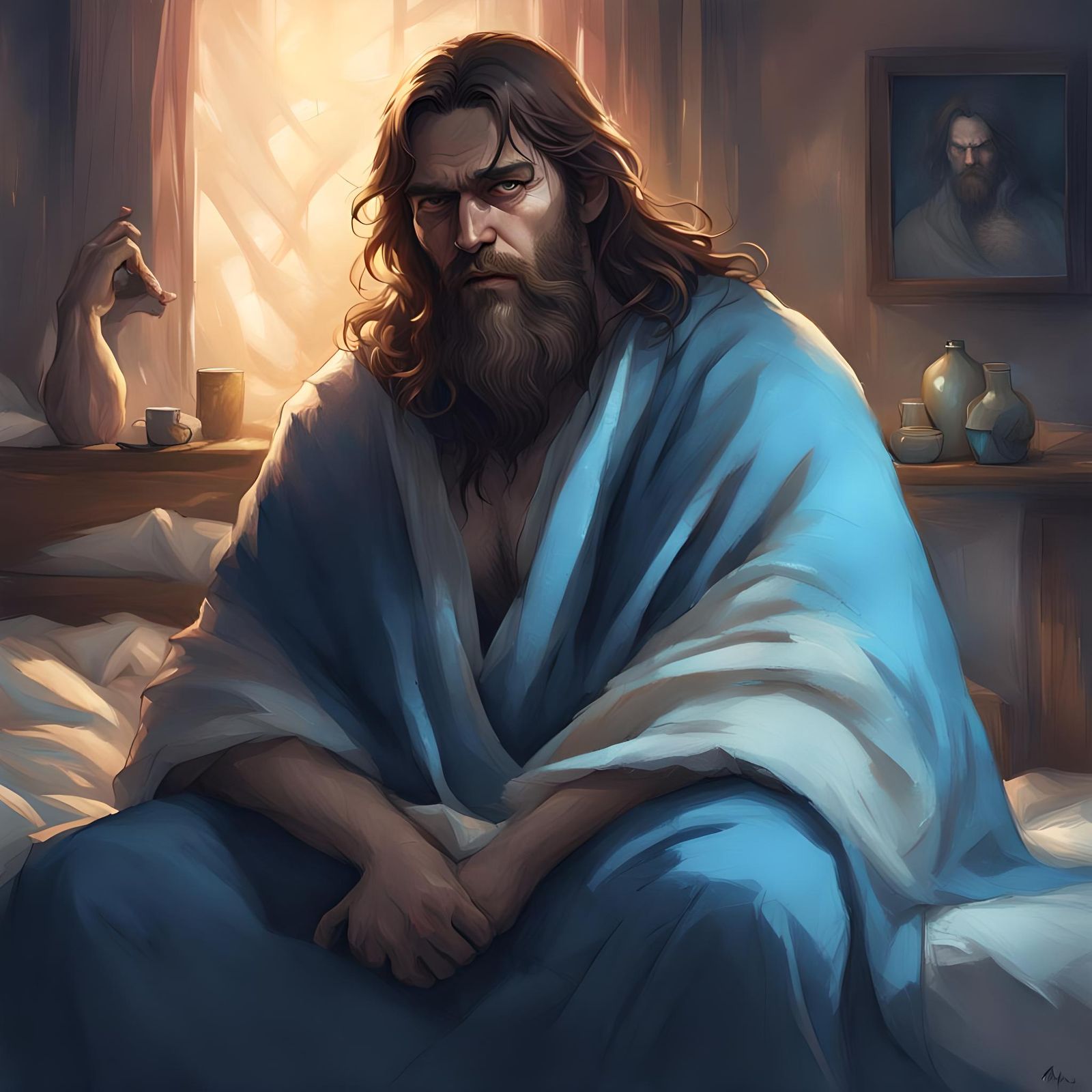 Man with Beard Cloaked in Blanket: Digital Art