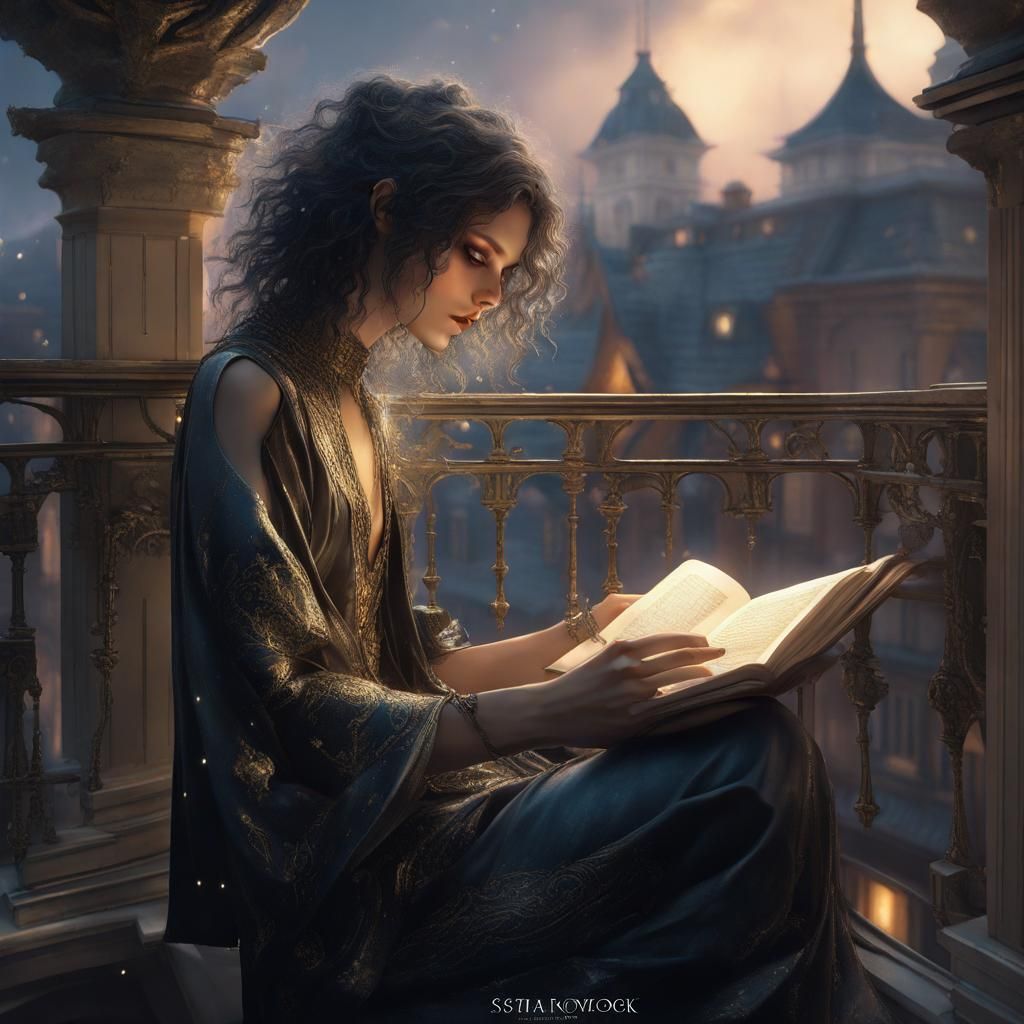 Romantic Starry Night Portrait in Art Nouveau Style