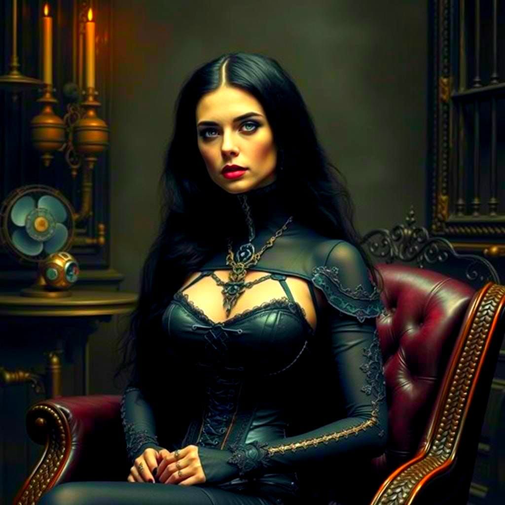 Gothic Woman in Steampunk Room with Neon Lighting