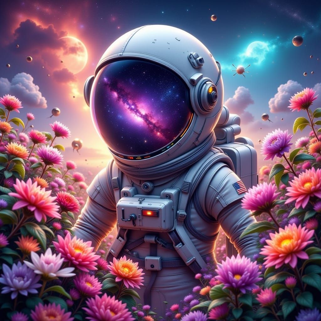 Astronaut in Floral Garden: Hyperreal Space Dream