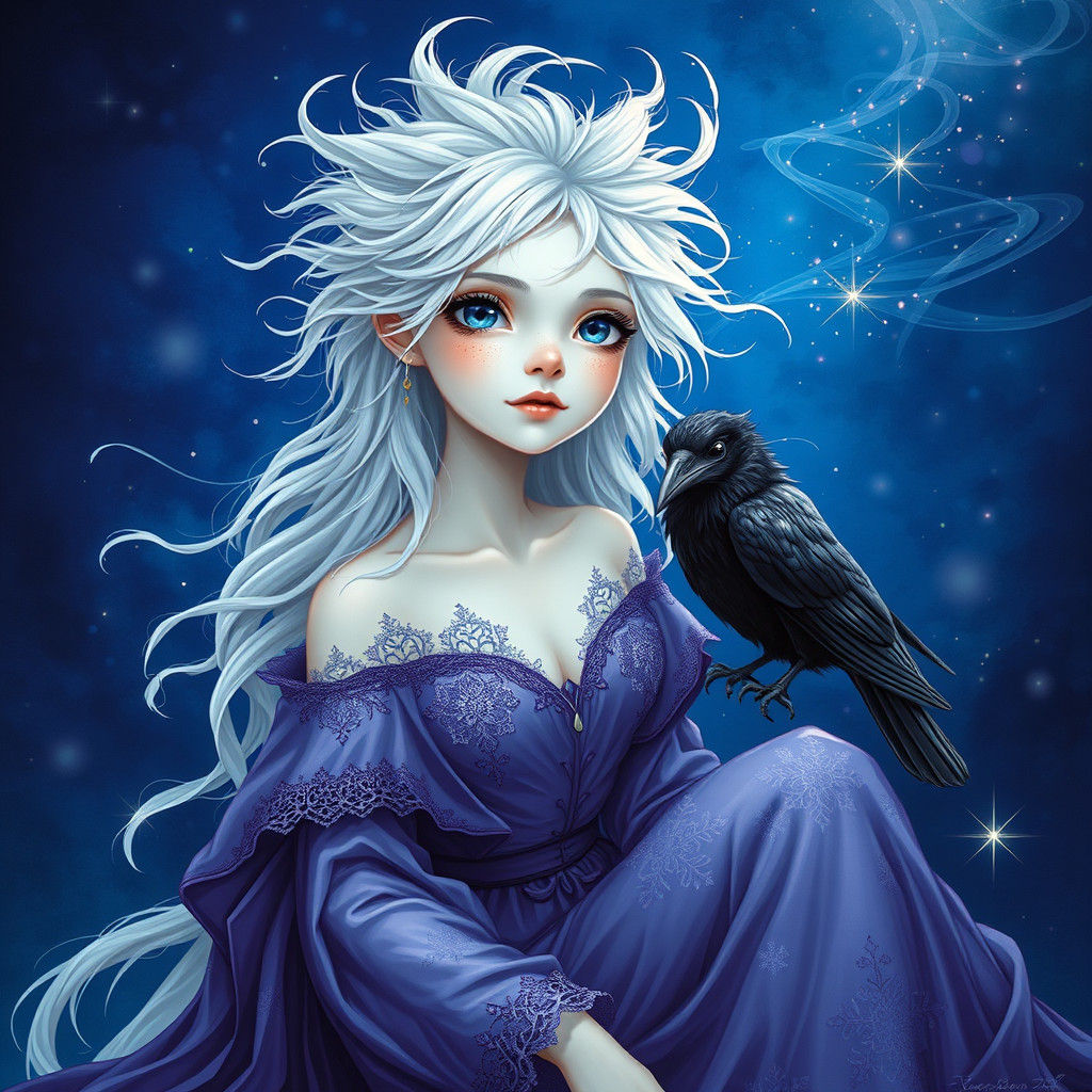 Ethereal Fantasy Character with Crow in Mystical Setting