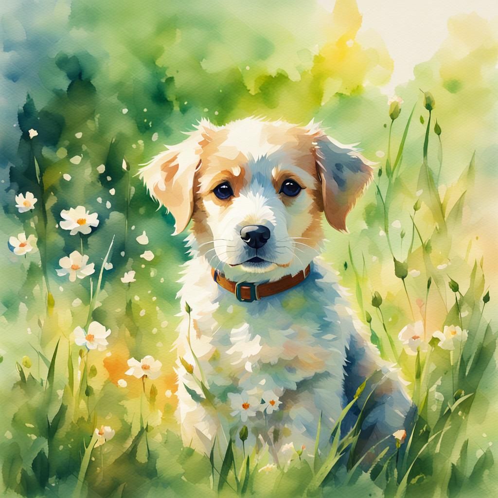Cute Puppy in Meadow: Watercolor Impressionism