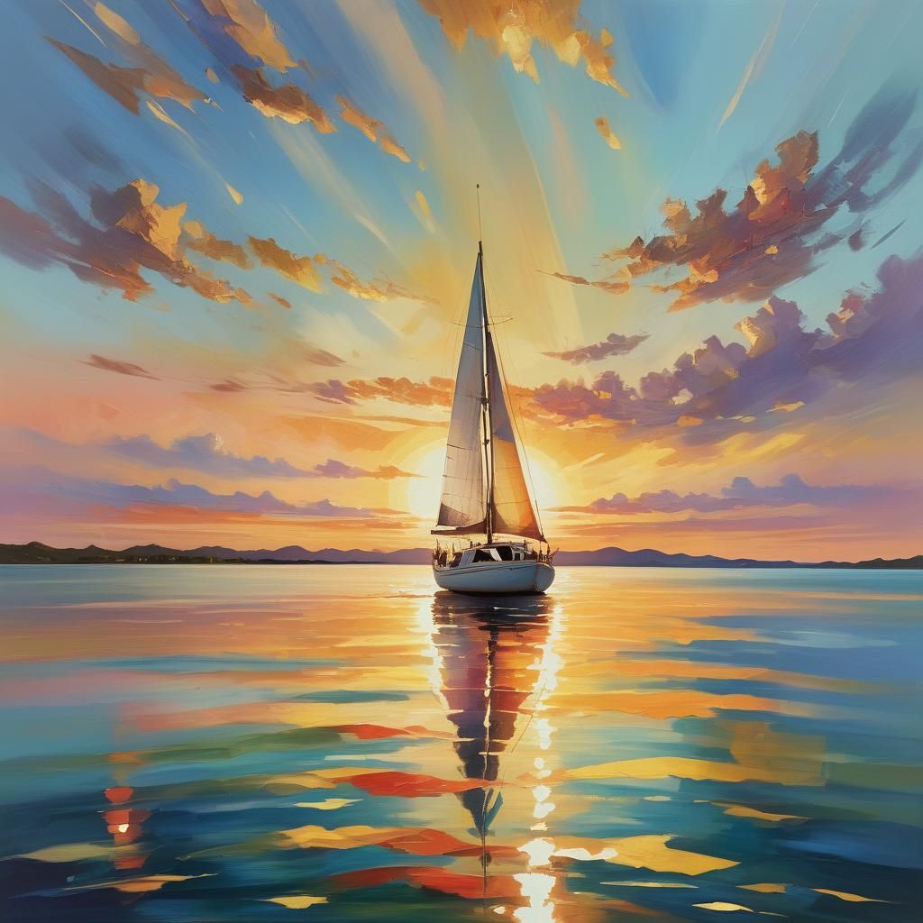 Sailboat at Sunset: Dreamy Oil Painting in Triadic Colors