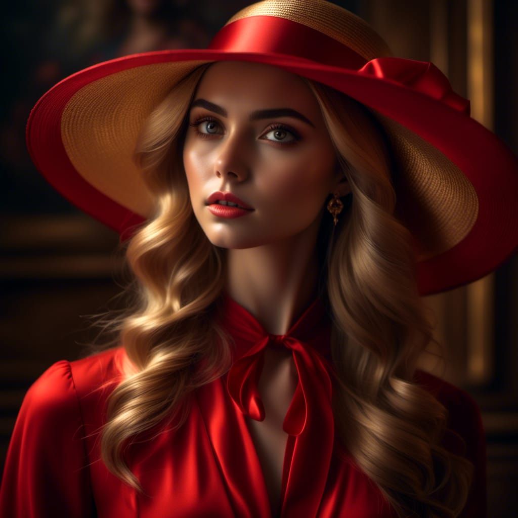 Vintage Portrait of Blonde Woman in Red Dress