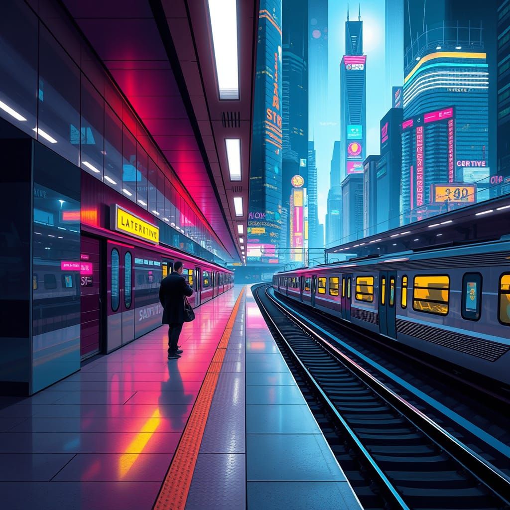 Cyberpunk Commuter at Futuristic Downtown Station