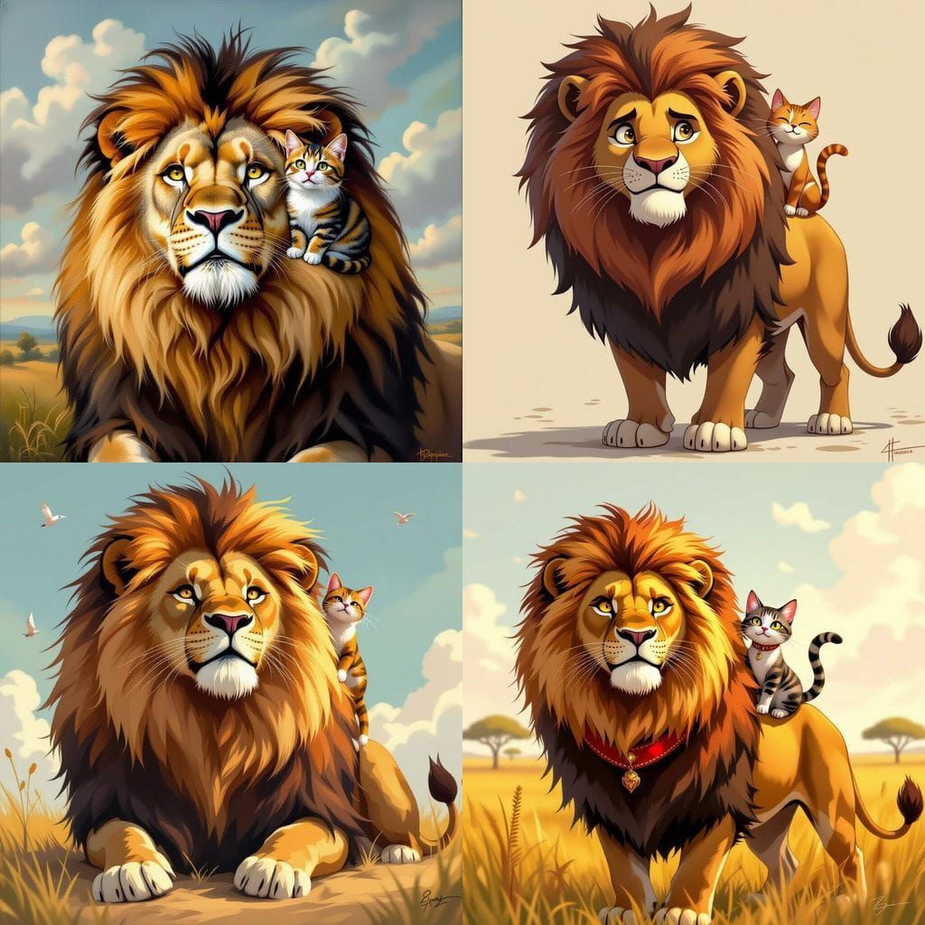 Confused Lion with Confident Cat Commander